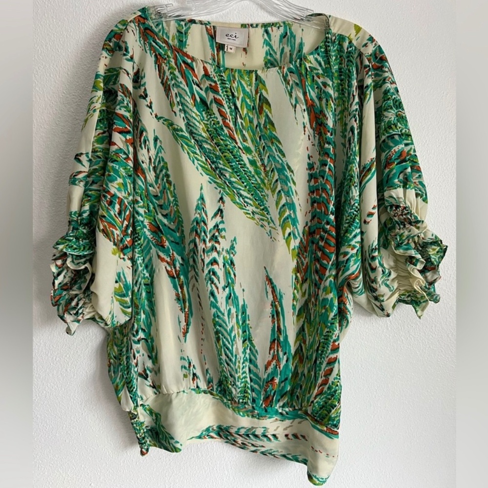 ECI New York Artsy Smocked Ruffle Cuff Boat Neck Smocked Waist Shirt Blouse M